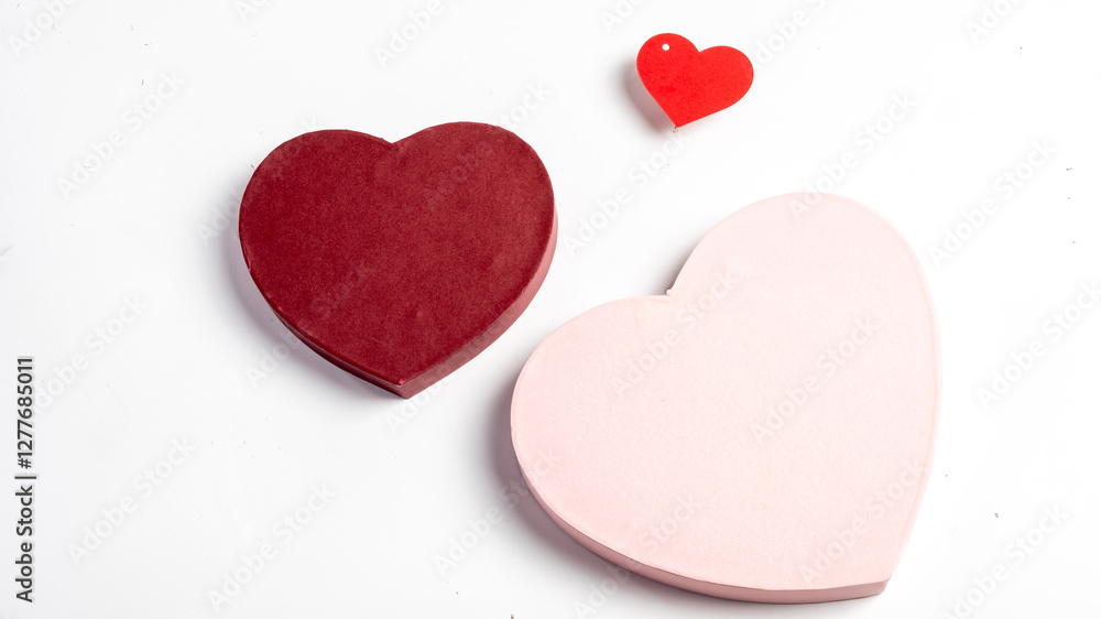 Obraz premium Three heart-shaped objects in different sizes and colors, including red, pink, and burgundy, placed on a white background, symbolizing love, romance, and affection for Valentine's Day