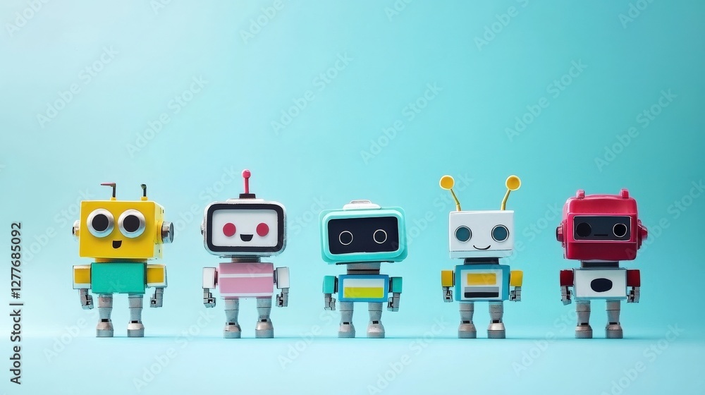 Fototapeta premium Colorful Retro Robots Standing in a Row
