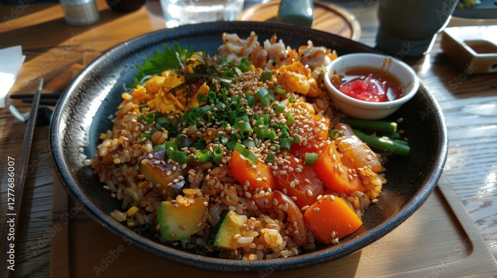 A fragrant plate of Japanese fried rice (Chahan), with soy-based seasoning and vegetables, A fragrant plate of Japanese fried rice (Chahan), with soy-based seasoning and vegetables,