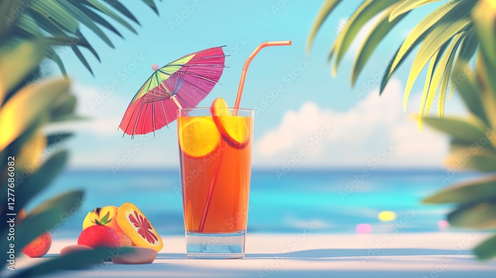 Obraz premium Chilled summer cocktail by the beach, garnished with fruit and a bright umbrella for a tropical vibe. 