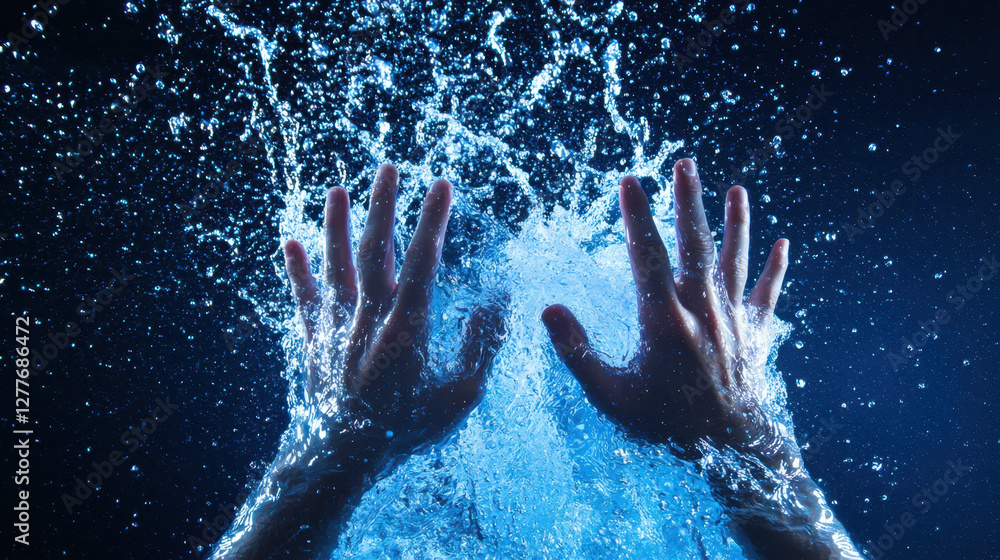 Dynamic hands splashing water, creating mesmerizing scene of movement and energy Dynamic hands splashing water, creating mesmerizing scene of movement and energy