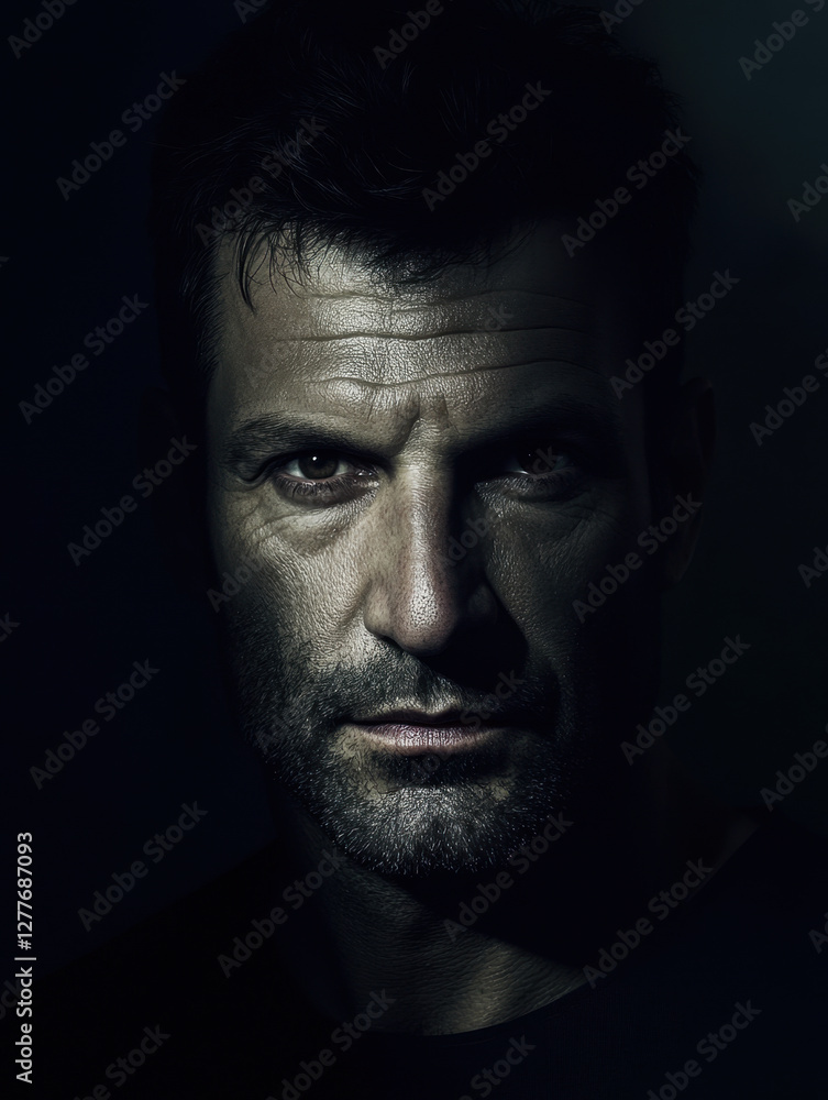 Man with a face partially obscured by shadows Man with a face partially obscured by shadows
