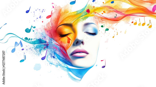 Harmonic Dreams: A woman's serene face is juxtaposed with a vibrant explosion of musical notes and colors, evoking a sense of artistic expression and the beauty of sound. 