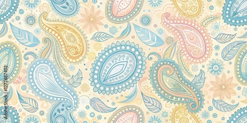 Elegant Pastel Paisley and Floral Pattern Design Featuring Intricate Details and Soft Hues, Ideal for Textile Prints and Decorative Applications