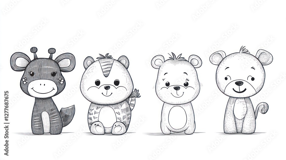 Obraz premium Cute cartoon animals sketch. Four adorable baby animals, giraffe, tiger, bear, and monkey, drawn in a childlike style.