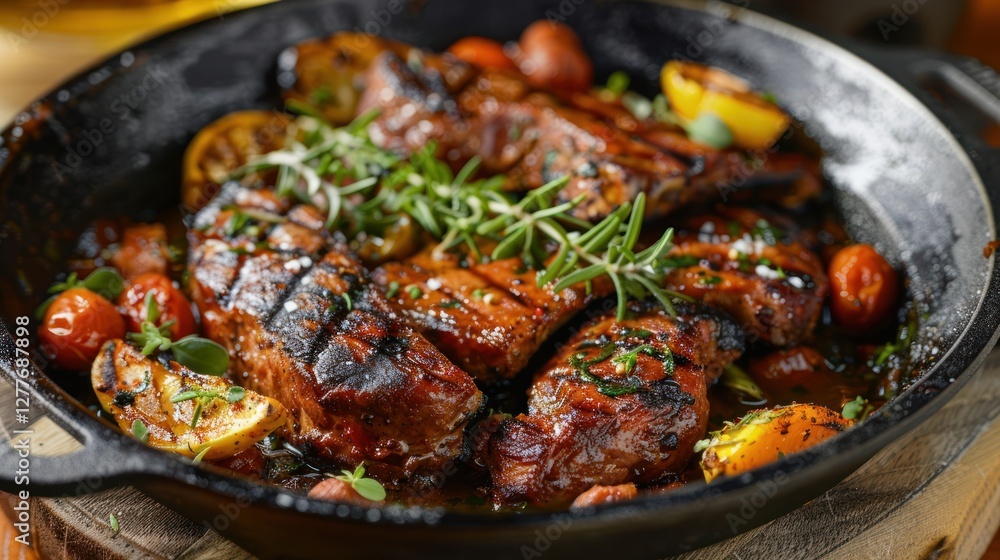 A hearty serving of Spanish meat dishes, with grilled chorizo and succulent pork cuts, A hearty serving of Spanish meat dishes, with grilled chorizo and succulent pork cuts,
