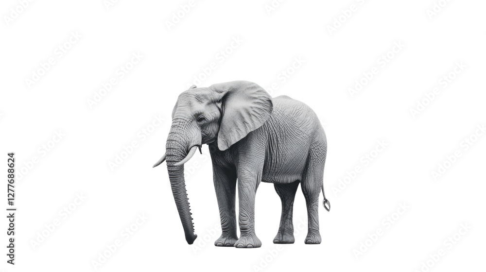 Fototapeta premium Majestic Elephant in Monochrome: A striking monochrome photograph captures the imposing presence of an elephant, showcasing its textured skin, expressive features, and powerful stance.