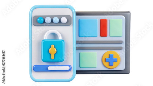 health info with medical privacy concept. Colorful lock-themed toy with buttons and shapes for educational play.