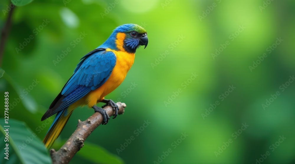 A vibrant blue and gold parrot perched on a branch, surrounded by lush green foliage, exhibits striking plumage and a captivating gaze. A vibrant blue and gold parrot perched on a branch, surrounded by lush green foliage, exhibits striking plumage and a captivating gaze.