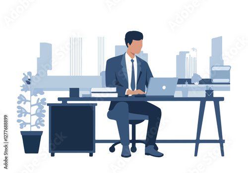 Office Work Scene Man in Suit Using Laptop in Modern Workspace Vector