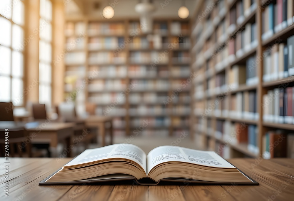 Fototapeta premium Blurry background of a library with tall bookshelves, focusing on an open book on a wooden table. 