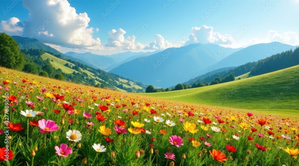 Vibrant Wildflower Meadow Adorned with a Panoramic Mountain View Under a Sunny Sky