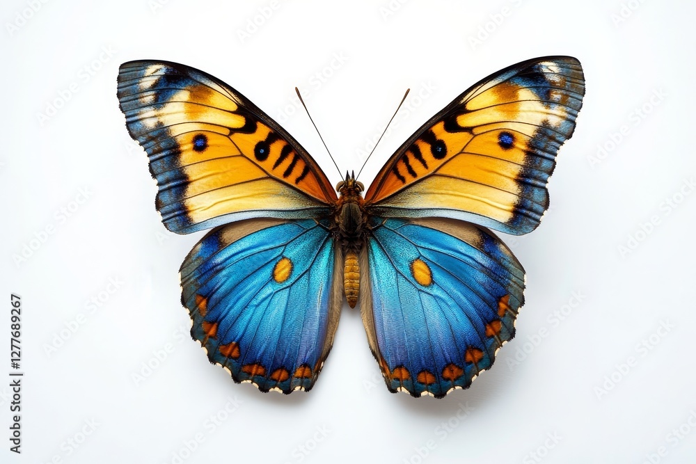 Obraz premium Blue and Orange Butterfly Wings on White - A vibrant butterfly with striking blue and orange wings, isolated on a white background. Symbolizing transformation, freedom, beauty, grace, and hope