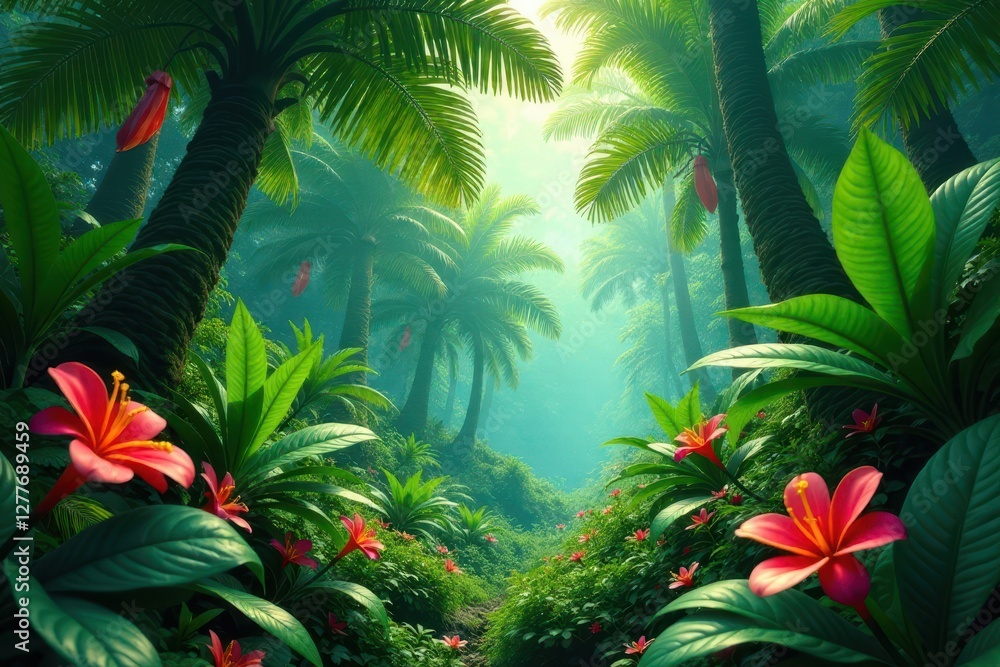 Lush Tropical Paradise A Serene Path Through Verdant Foliage and Vibrant Blooms Lush Tropical Paradise A Serene Path Through Verdant Foliage and Vibrant Blooms