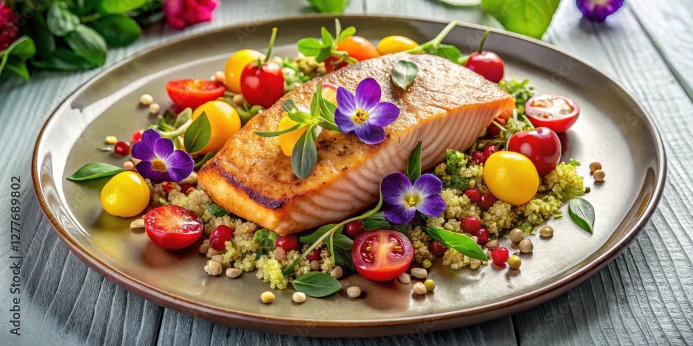 Pan-Seared Salmon Fillet with Vibrant Quinoa Salad and Edible Flowers, a Gourmet Culinary Delight Pan-Seared Salmon Fillet with Vibrant Quinoa Salad and Edible Flowers, a Gourmet Culinary Delight