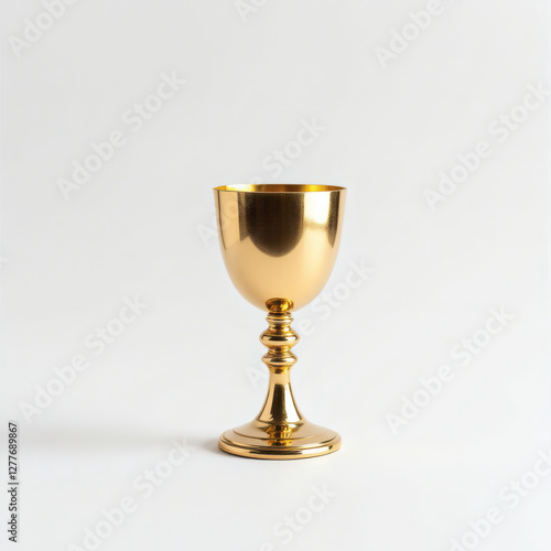 golden chalice placed on a white , for minimalist design, luxury branding, or religious themes.  advertisements, product packaging, and editorial use. High-quality stock photo with ample copy space.