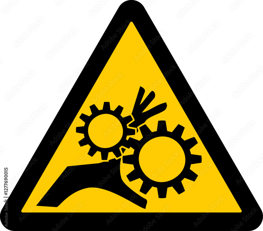 triangular warning sign, hand being caught between gears, crushing hazard. triangular warning sign, hand being caught between gears, crushing hazard.