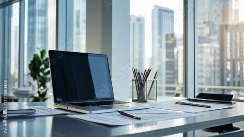 Wallpaper Mural Modern office workspace with laptop and stationery overlooking city skyline in bright daylight Torontodigital.ca