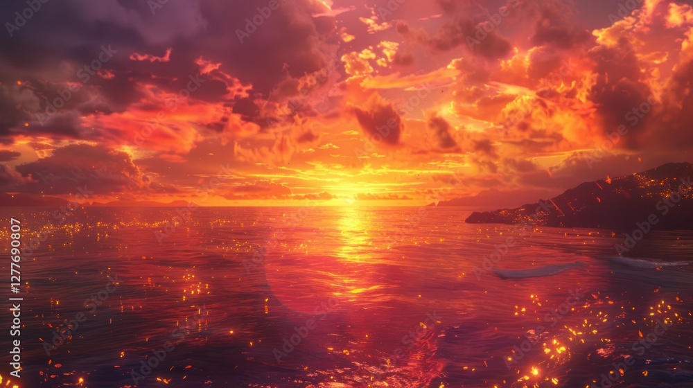 A magical sea at sunset, with fiery colors painting the water and sky, A magical sea at sunset, with fiery colors painting the water and sky,