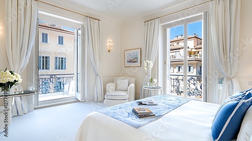 Luxurious Hotel Bedroom with Balcony City View White Decor and Blue Accents photo