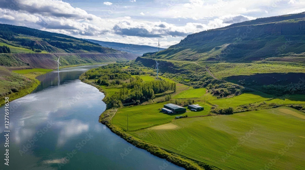Serene Landscape of River Valley with Wind Turbines and Rolling Hills Under Cloudy Sky Captured from Above