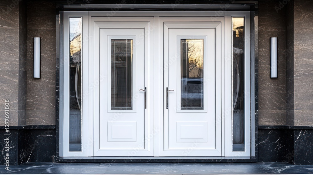 Fototapeta premium Elegant White Double Doors with Glass Inserts, Modern Home Entrance