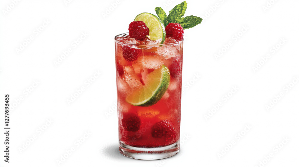 Refreshing berry cocktail in tall glass, garnished with lime and mint, featuring vibrant raspberries and ice. Perfect for summer gatherings and celebrations Refreshing berry cocktail in tall glass, garnished with lime and mint, featuring vibrant raspberries and ice. Perfect for summer gatherings and celebrations