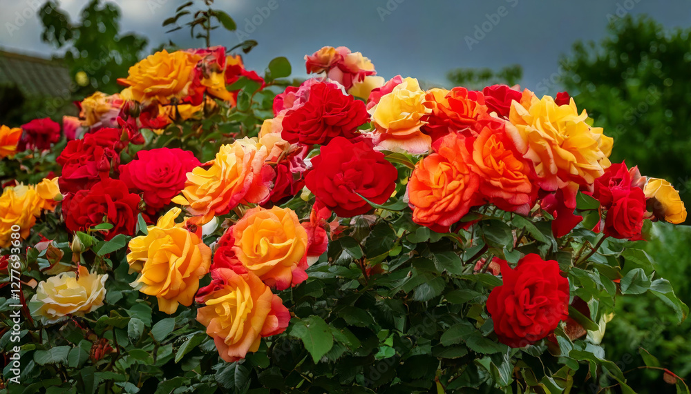 Colorful rose bush with vibrant red, yellow, and orange flowers blooming beautifully against dramatic sky. stunning display of nature artistry Colorful rose bush with vibrant red, yellow, and orange flowers blooming beautifully against dramatic sky. stunning display of nature artistry