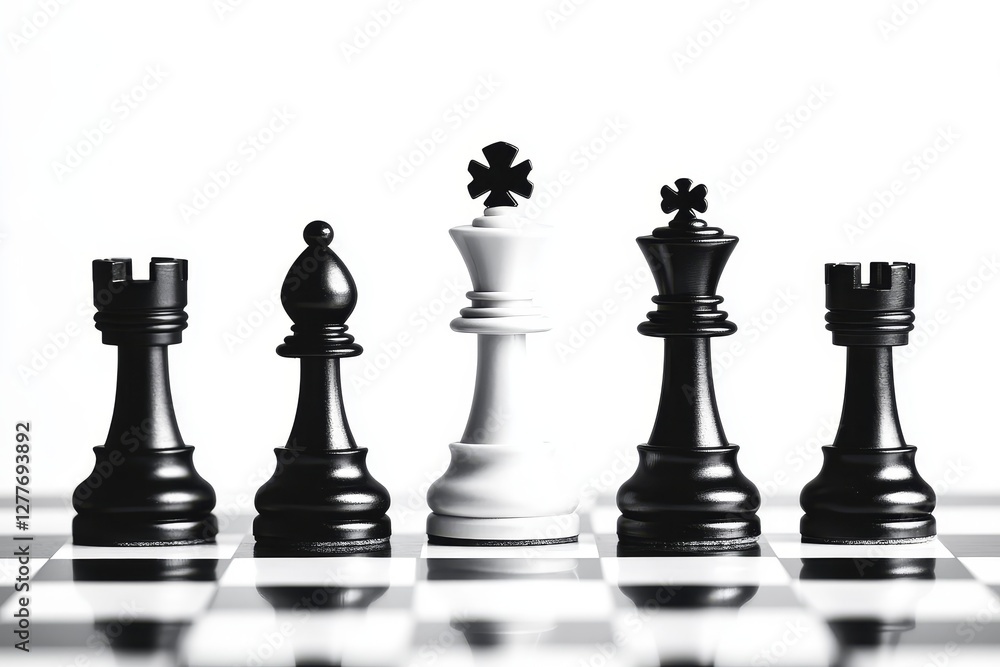 Chess Strategy: A White King's Defense - Five chess pieces, two black rooks, a black bishop, a white king, and a black king, stand on a chessboard against a white background Chess Strategy: A White King's Defense - Five chess pieces, two black rooks, a black bishop, a white king, and a black king, stand on a chessboard against a white background