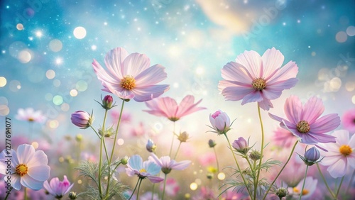 A Field of Delicate Pink Cosmos Flowers Blooming Under a Magical, Dreamlike Sky with Sparkling Lights