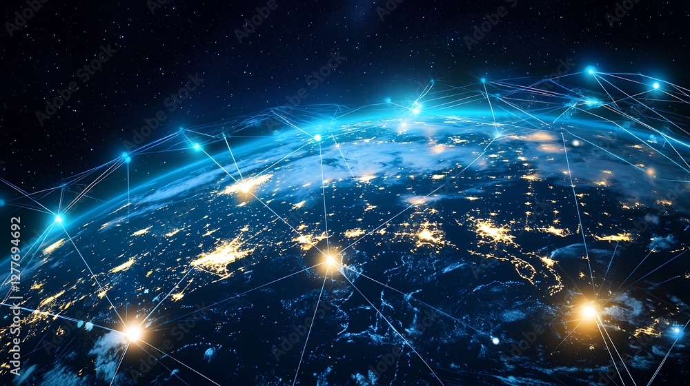 Earth Globe with Glowing City Lights and Global Network Connection in Space Earth Globe with Glowing City Lights and Global Network Connection in Space