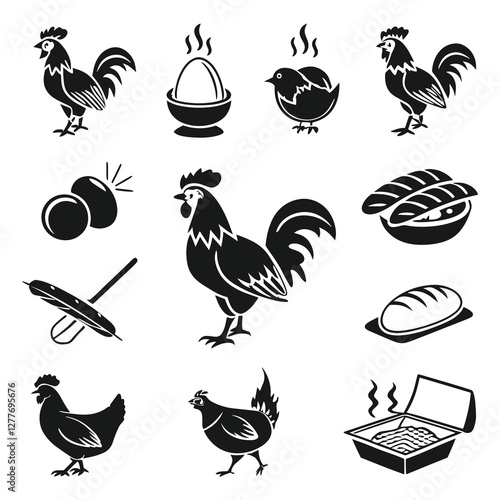 Icons set. Chicken roast fried crunch nonveg barbecue menu nuggets egg hatch wings rooster Editable stroke vector