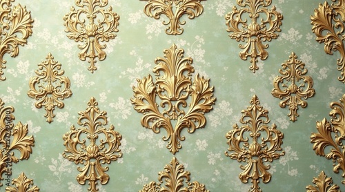 Elegant Gilded Damask Pattern on a Soft Green Background, Ideal for Luxurious Interior Design and Decorative Projects