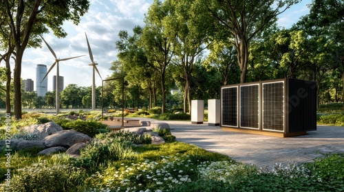 Serene urban landscape with wind turbines solar panels lush greenery and cityscape backdrop creating a sustainable energy vision
