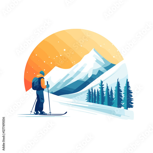 Skier admiring mountain landscape at sunrise