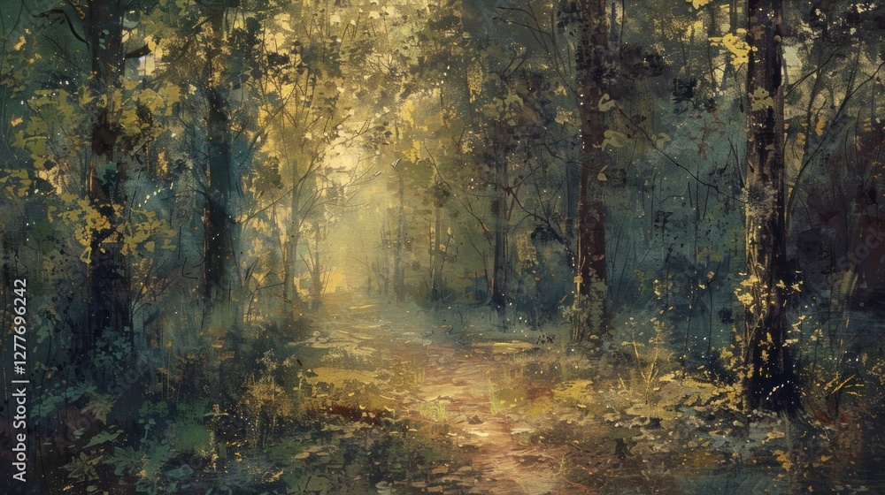 Obraz premium A mystical sunlight through trees, casting soft patterns on the forest floor,