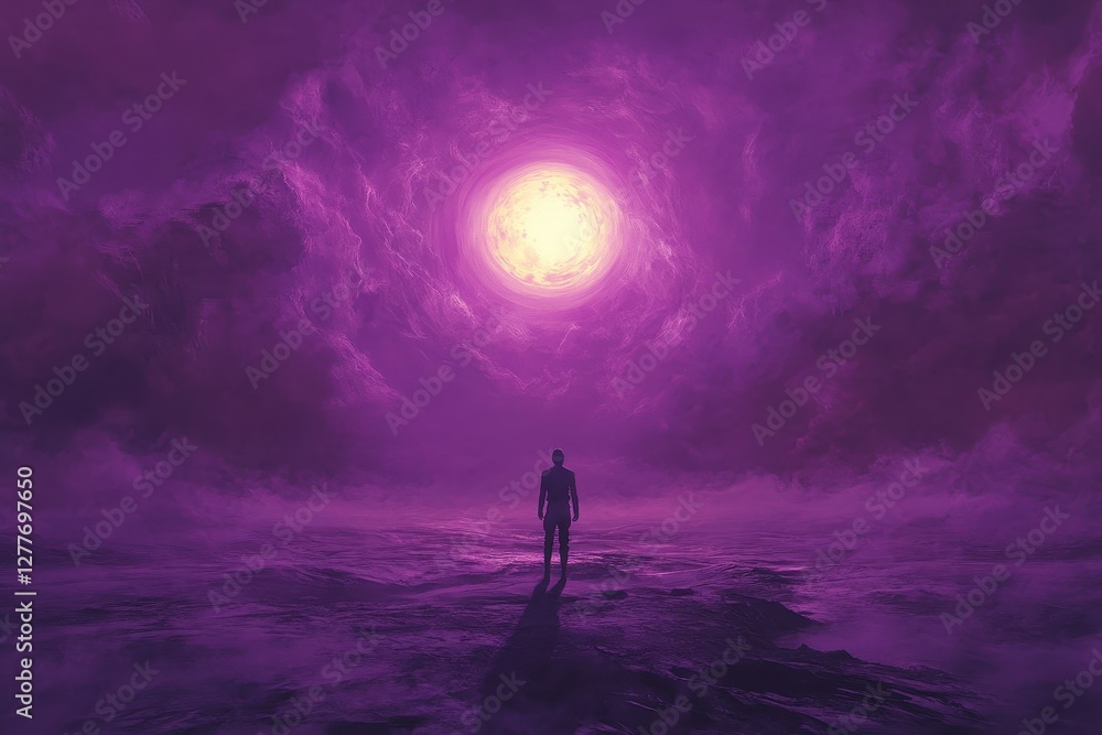Lone figure stands before a celestial portal in a dreamscape Lone figure stands before a celestial portal in a dreamscape