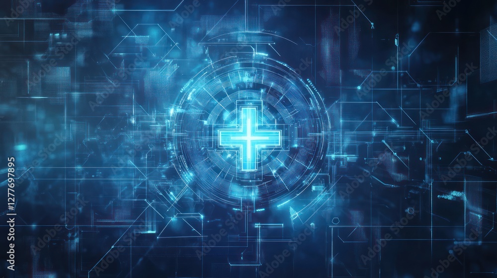 Abstract blue digital background featuring a glowing cross symbol, conveying themes of medicine, health technology, and innovation in healthcare. Abstract blue digital background featuring a glowing cross symbol, conveying themes of medicine, health technology, and innovation in healthcare.