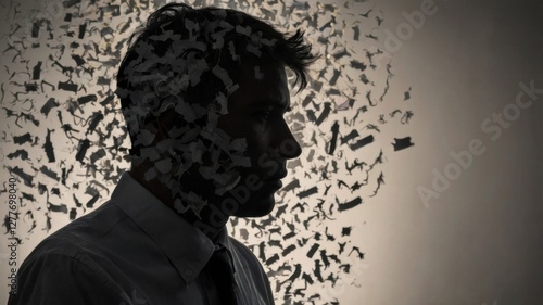 A powerful conceptual image of a troubled person's head silhouette, surrounded by crumpled waste paper, symbolizing anxiety and overwhelming negative emotions.
