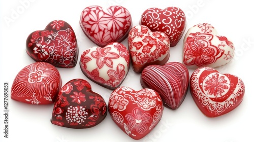 A mix of artisanal Valentine's chocolates with intricate floral and lace patterns, vivid red and pink colors, high detail, isolated on a plain white background