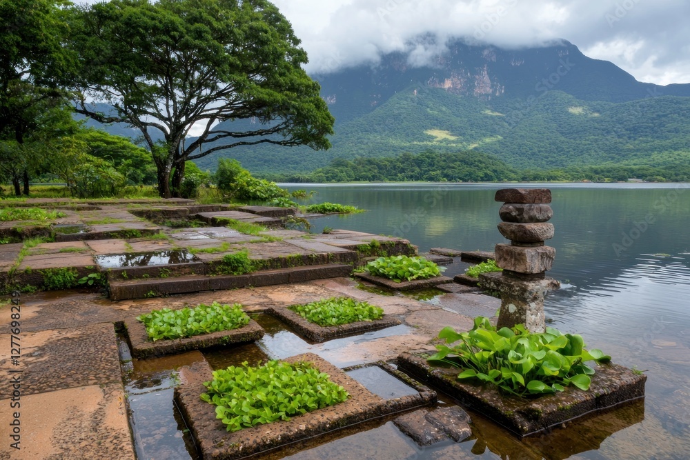 Fototapeta premium Tranquil lake scene with stone formations and lush greenery under a cloudy sky creating a serene and peaceful atmosphere