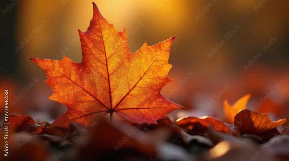 Autumnal Leaf Illuminated by Golden Sunlight on a Bed of Fallen Leaves Autumnal Leaf Illuminated by Golden Sunlight on a Bed of Fallen Leaves