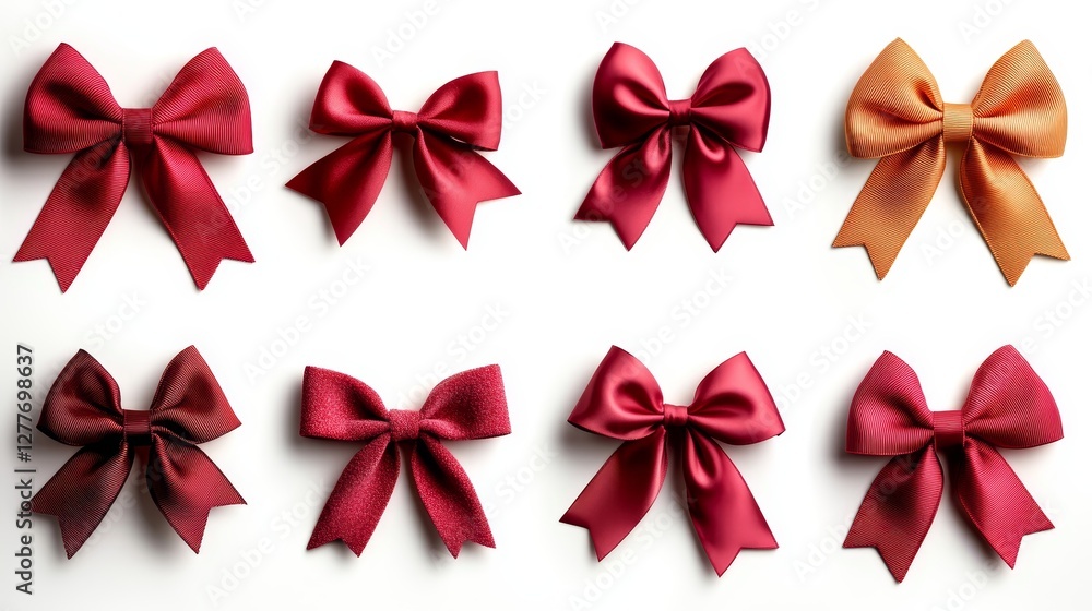 A set of assorted Valentine's bows in red, pink, and gold, satin and velvet textures, neatly arranged, isolated on a white background, high-resolution cutout A set of assorted Valentine's bows in red, pink, and gold, satin and velvet textures, neatly arranged, isolated on a white background, high-resolution cutout