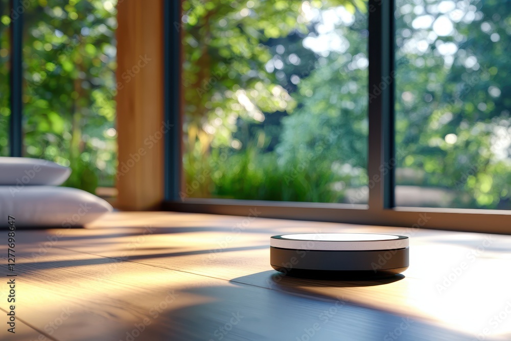 Smart home device on wooden floor near window with lush green garden view in natural light serene indoor setting Smart home device on wooden floor near window with lush green garden view in natural light serene indoor setting