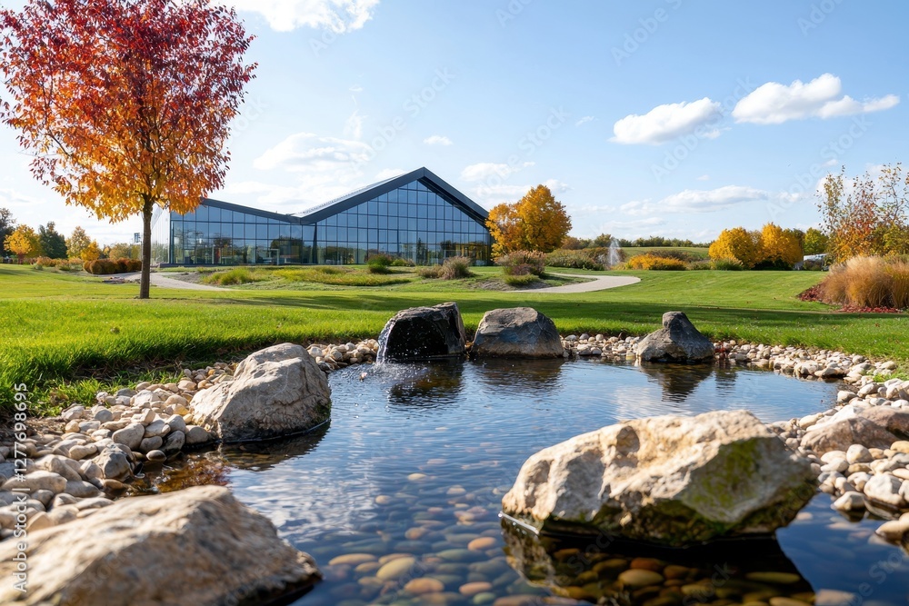 Serene Pond Reflecting Modern Architecture in Autumn Landscape with Vibrant Foliage and Clear Sky Creating Tranquil Scene for Stock Photography Serene Pond Reflecting Modern Architecture in Autumn Landscape with Vibrant Foliage and Clear Sky Creating Tranquil Scene for Stock Photography