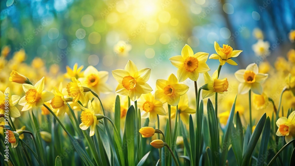 Obraz premium Vibrant Yellow Daffodils Blooming in a Sunny Spring Meadow, a Delightful Display of Nature's Beauty