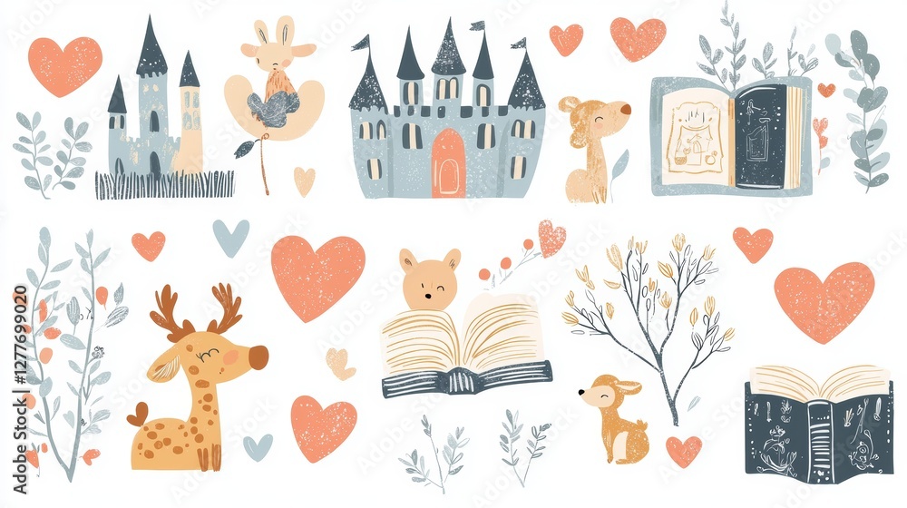 A set of hand-drawn Valentine's symbols with a fairytale twist, featuring castles, heart-shaped windows, magical books, and woodland creatures, pastel tones, clean cut-out style A set of hand-drawn Valentine's symbols with a fairytale twist, featuring castles, heart-shaped windows, magical books, and woodland creatures, pastel tones, clean cut-out style