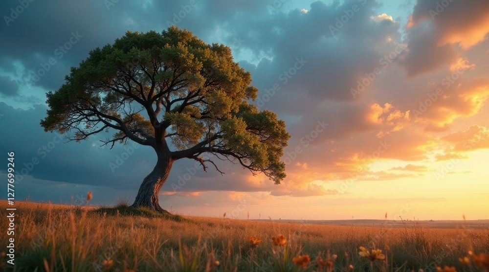 Solitary Tree on a Golden Prairie at Sunset, a Serene and Peaceful Landscape Featuring Dramatic Skies Solitary Tree on a Golden Prairie at Sunset, a Serene and Peaceful Landscape Featuring Dramatic Skies