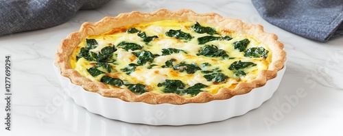 Detailed view of a breakfast quiche with spinach and cheese, preparation, savory treat photo