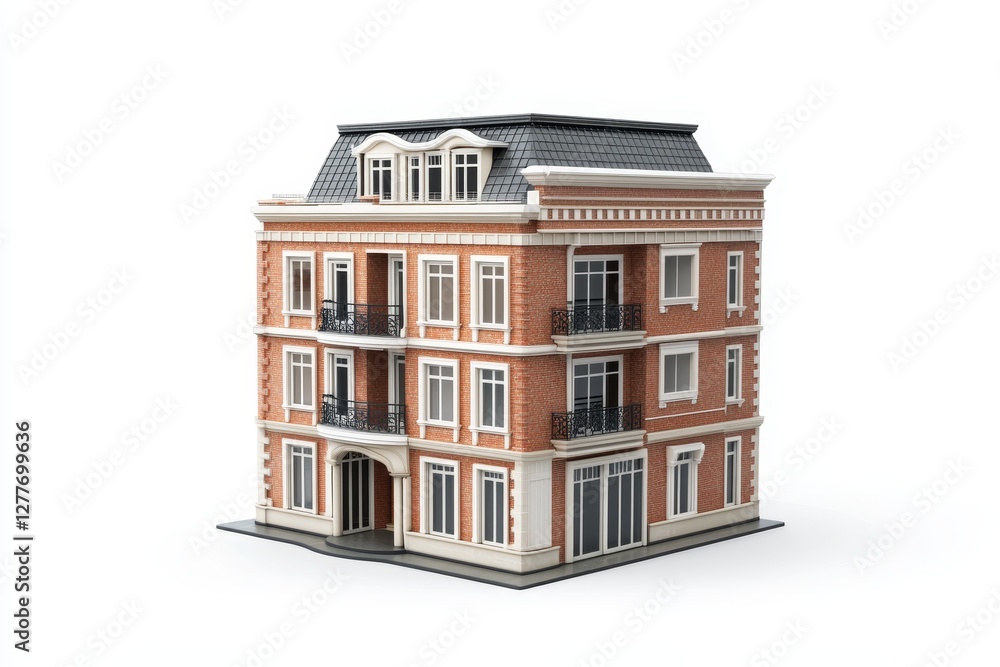 Fototapeta premium House Building Isolate on White Background - Elegant brick apartment building, isolated on white. Symbolizing homeownership, investment, architecture, urban living, and real estate